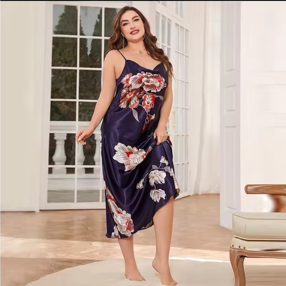 PLUS Navy Satin Floral Strap Maxi Nightgown